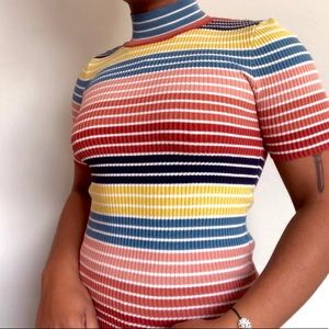 Striped turtleneck, multi-color.